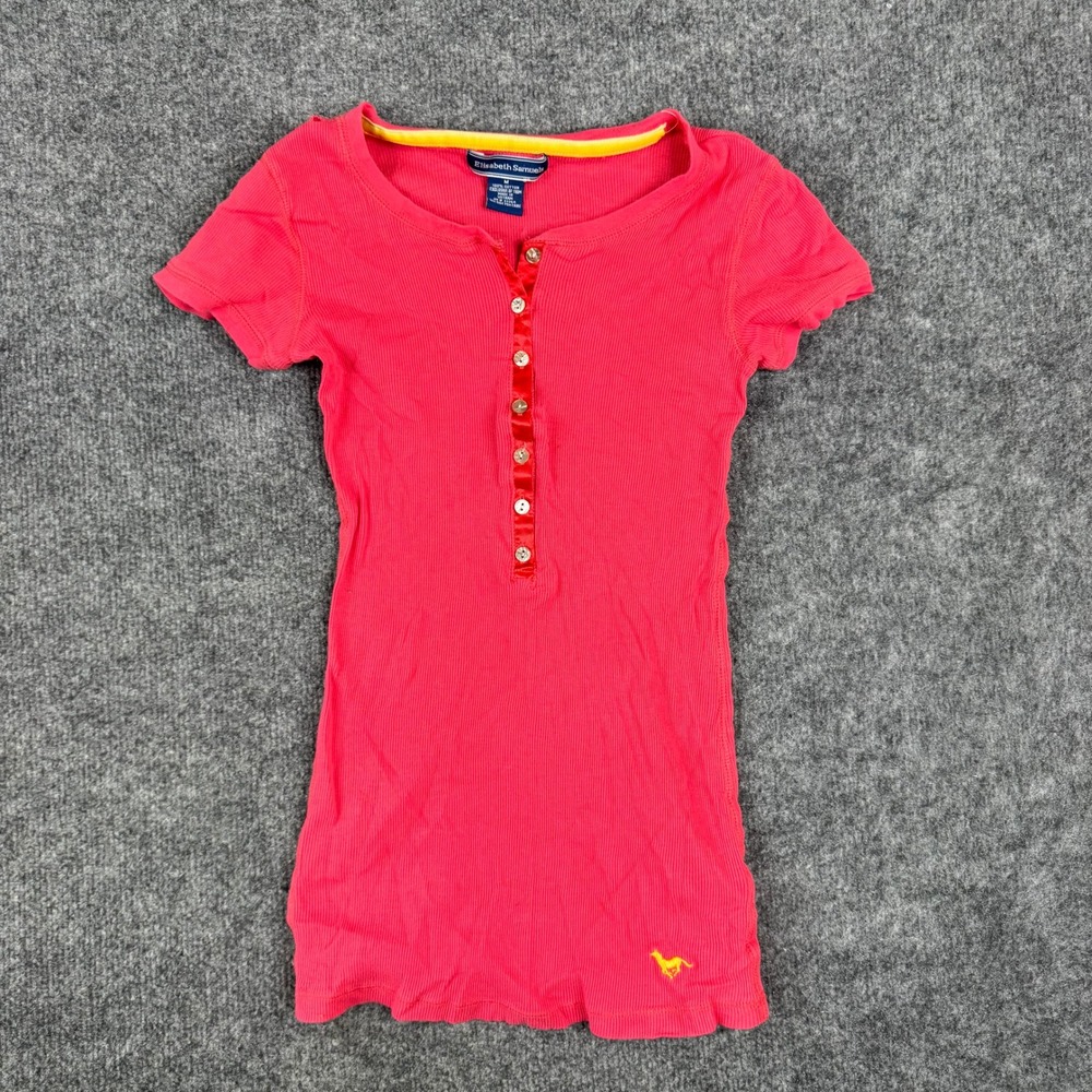 Elisabeth Samuels Henley Womens Size M Pink Ribbed Short Sleeve Cotton Top Hole